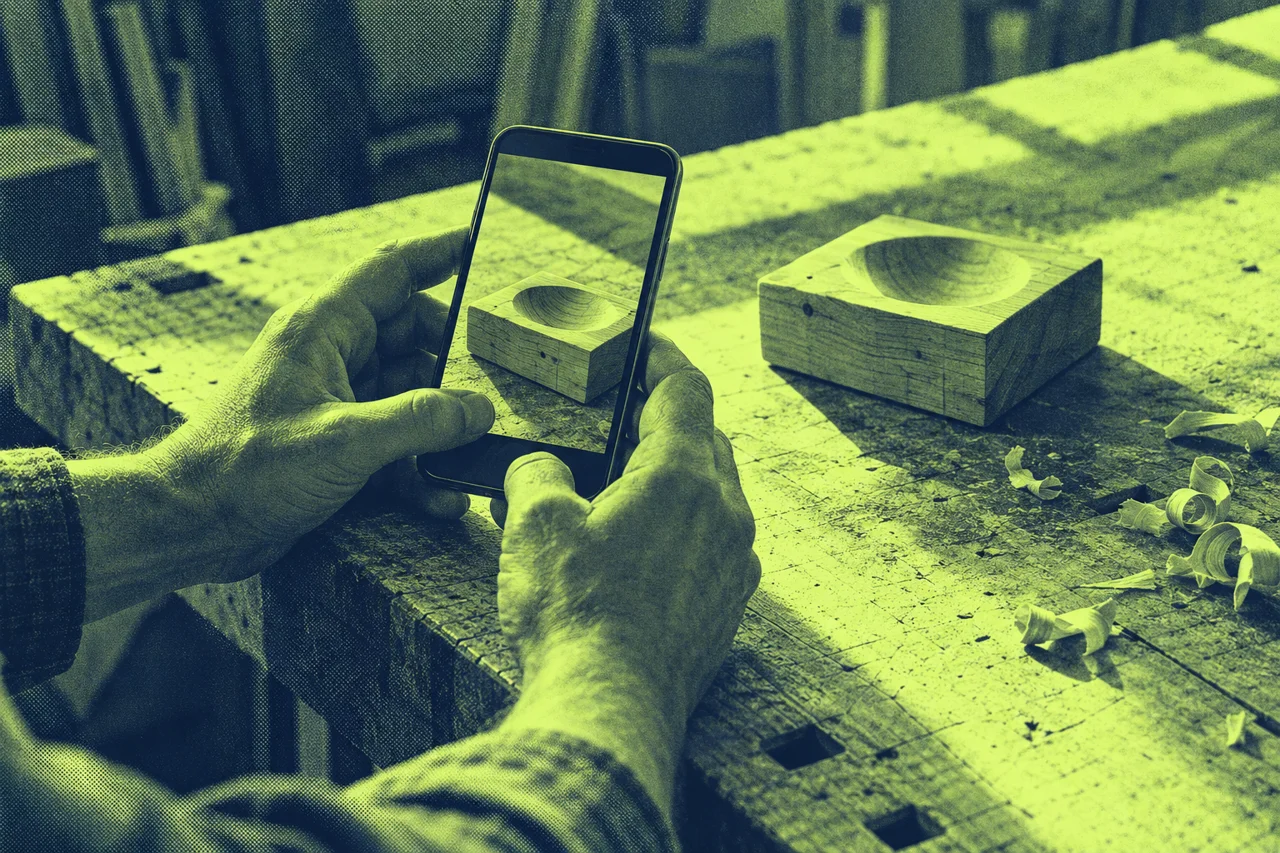 Kezek kész munkadarabot fotóznak telefonnal közösségi tartalomötletként