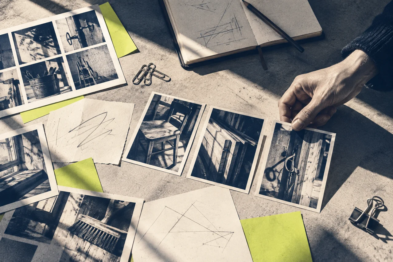 Table de rédaction avec sélection d’images, notes et préparation de sujets pour la communication d’entreprise